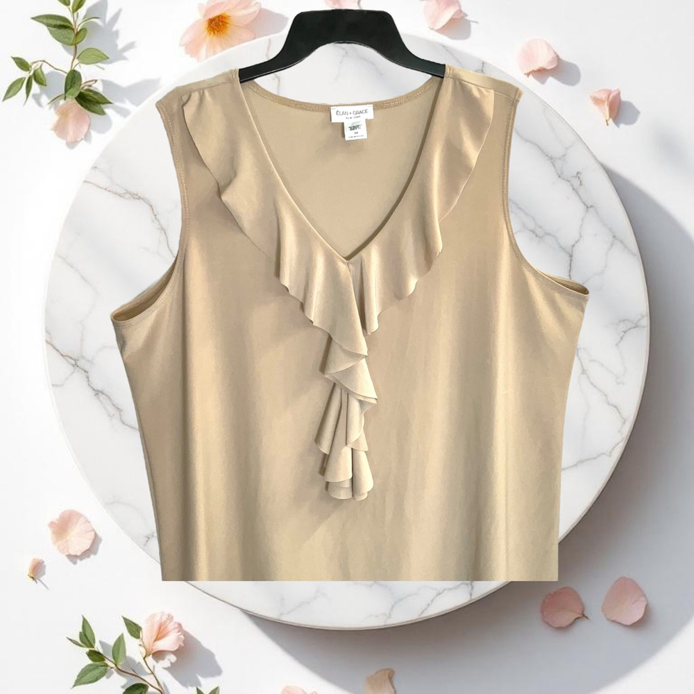 Elan & Grace NWT Tan Sleeveless Blouse w Ruffle Neckline/Front Women 3X - Picture 2 of 6